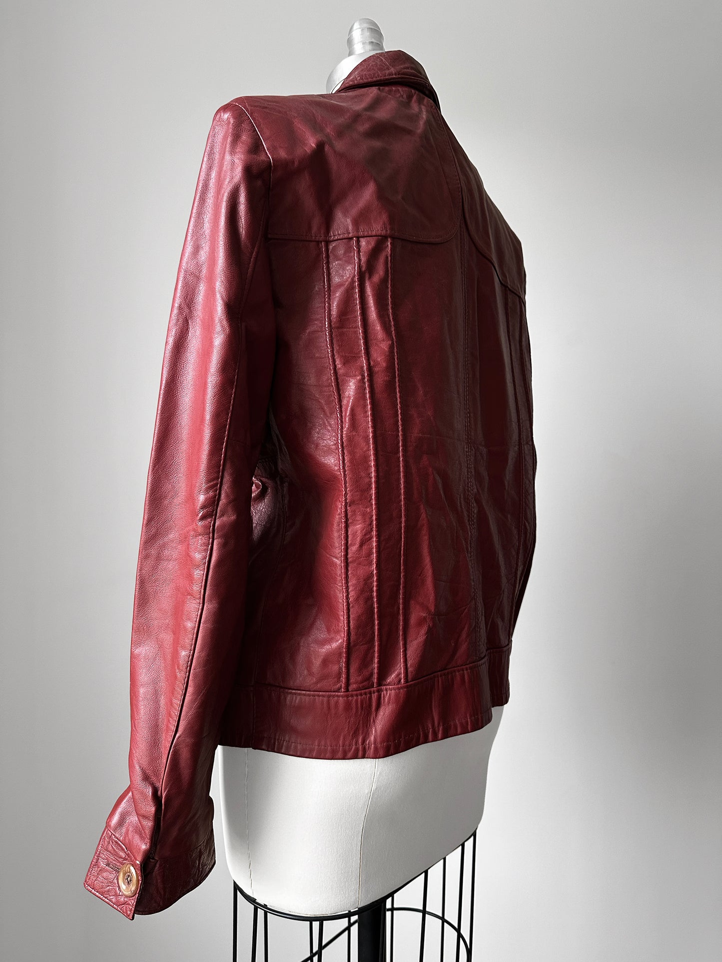 Vintage 1970s Maroon Red Zip Front Leather Jacket - Sz. M