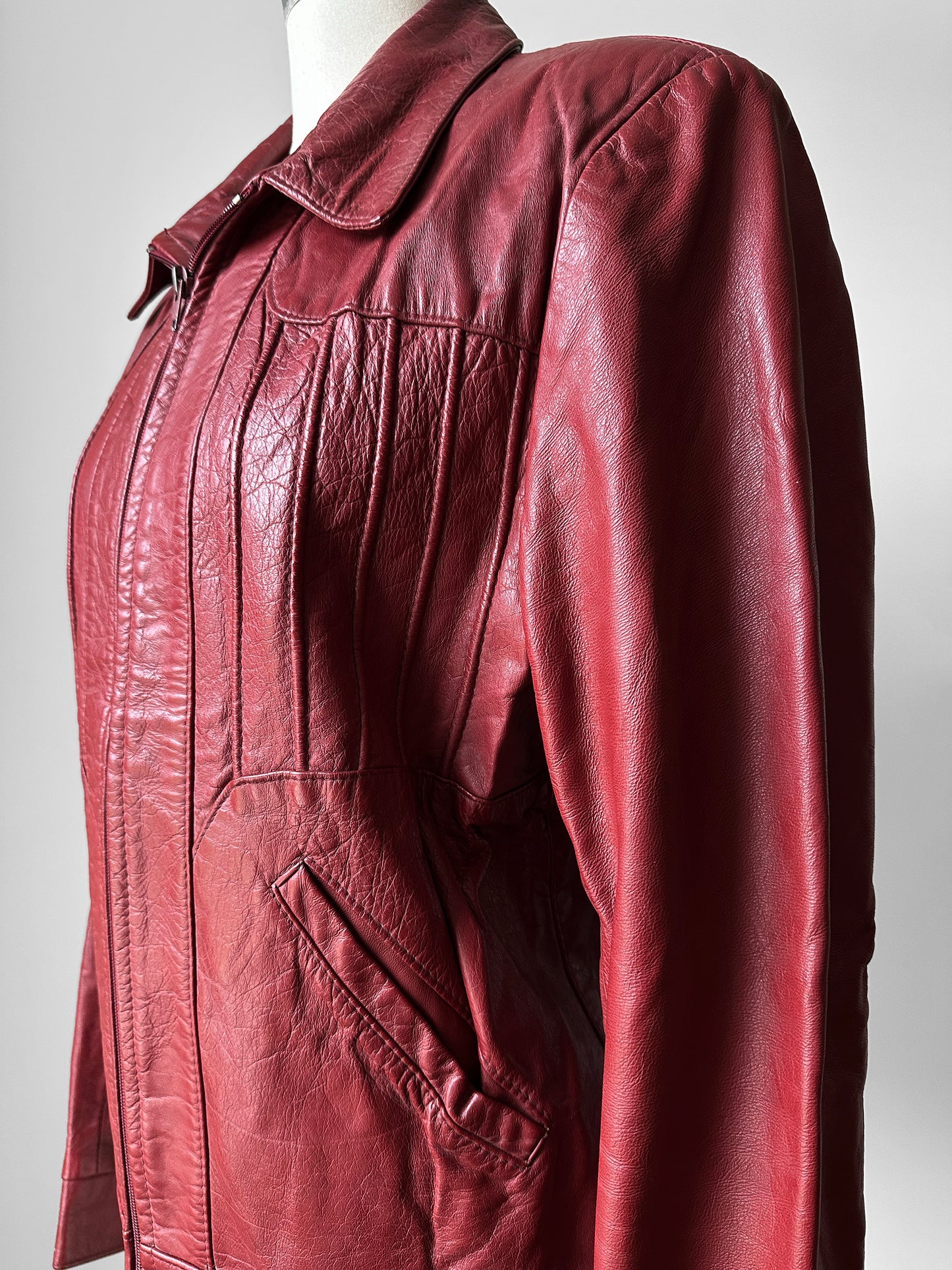 Vintage 1970s Maroon Red Zip Front Leather Jacket - Sz. M