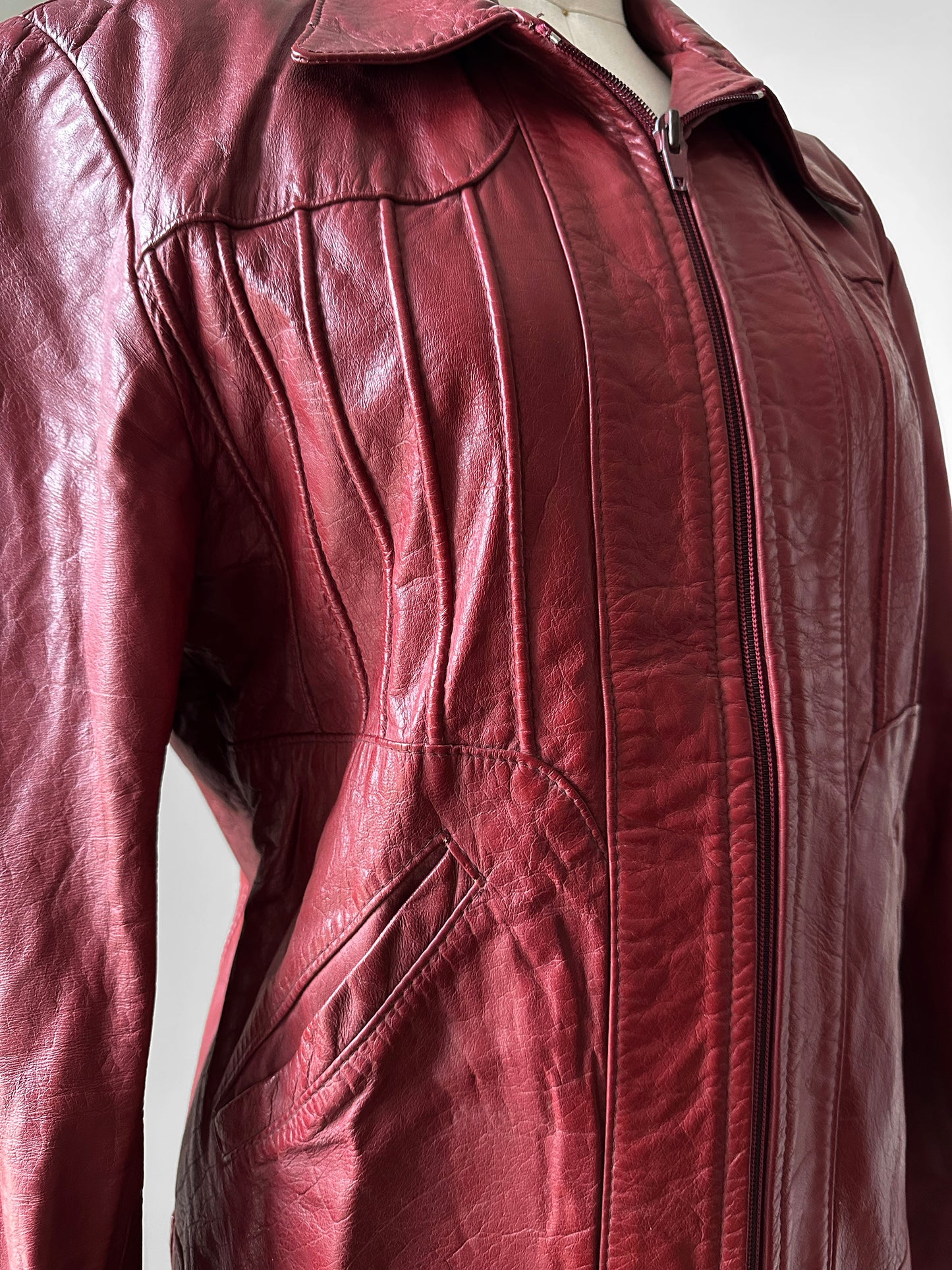Vintage 1970s Maroon Red Zip Front Leather Jacket - Sz. M