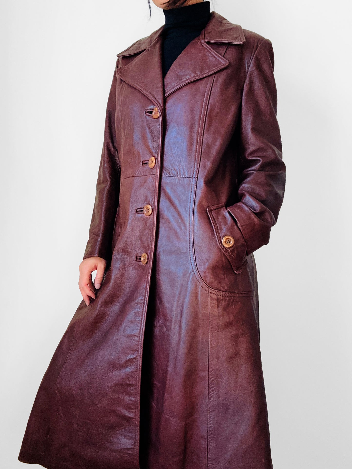 1970s Long Tapered Waist Auburn Brown Soft Leather Quilted Lining Coat