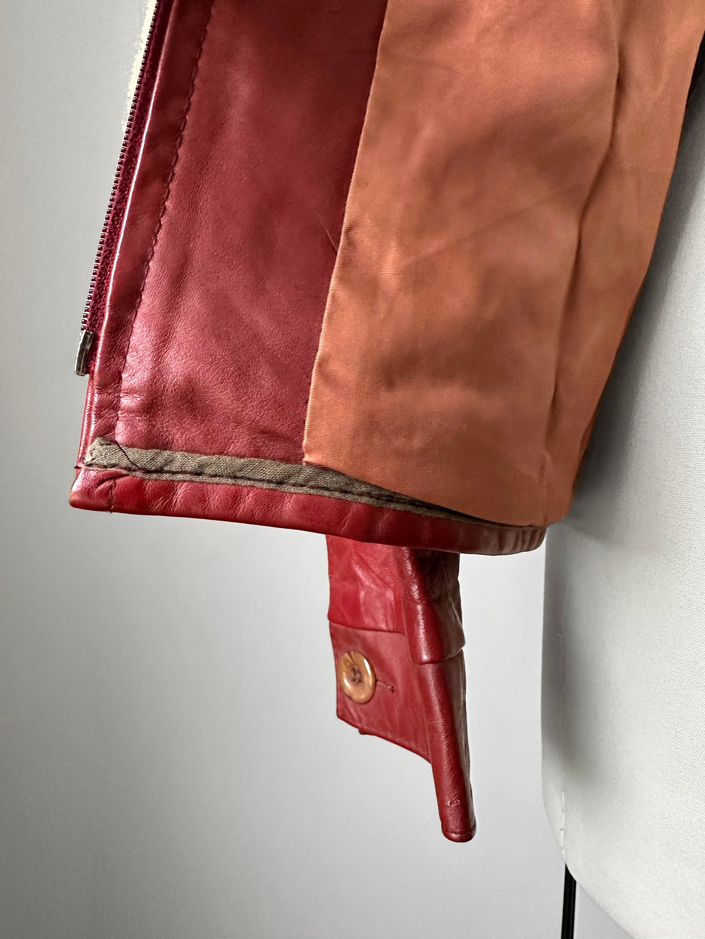 Vintage 1970s Maroon Red Zip Front Leather Jacket - Sz. M