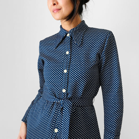 1970s Navy and Cream Polkadot Tied Waist Shirt - Sz. S/M