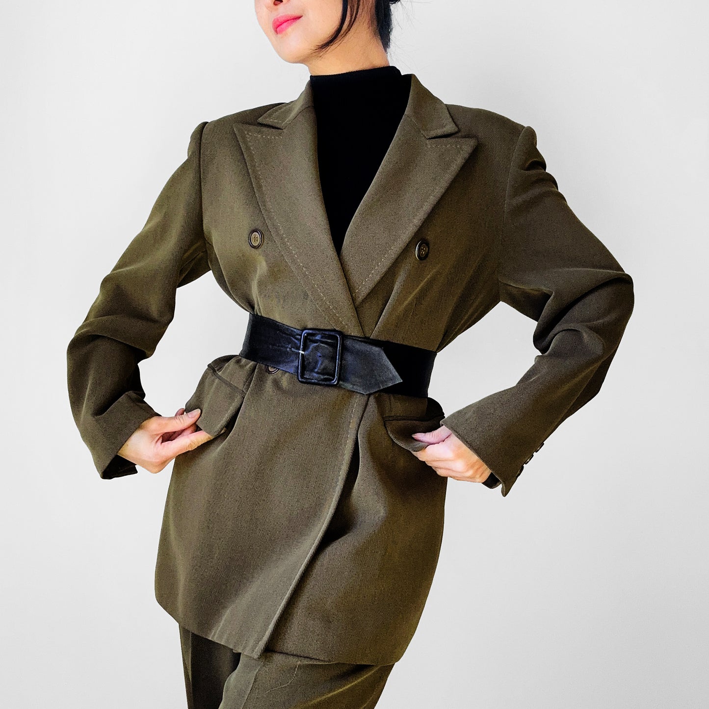 1980s VOTRE NOM Paris Olive Green Relaxed Style Double Breasted Pant Suit Set - Sz. S/M