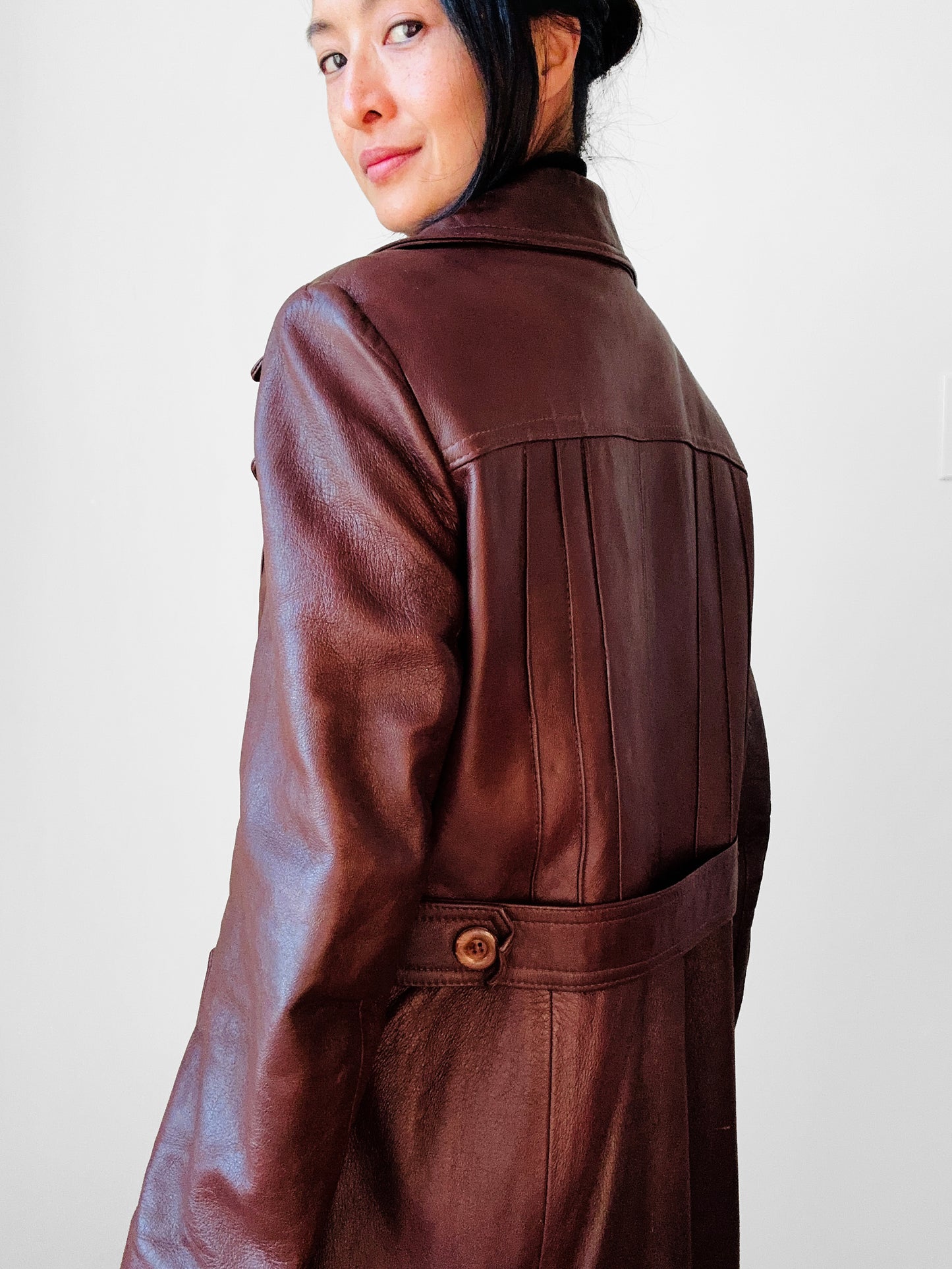 1970s Long Tapered Waist Auburn Brown Soft Leather Quilted Lining Coat