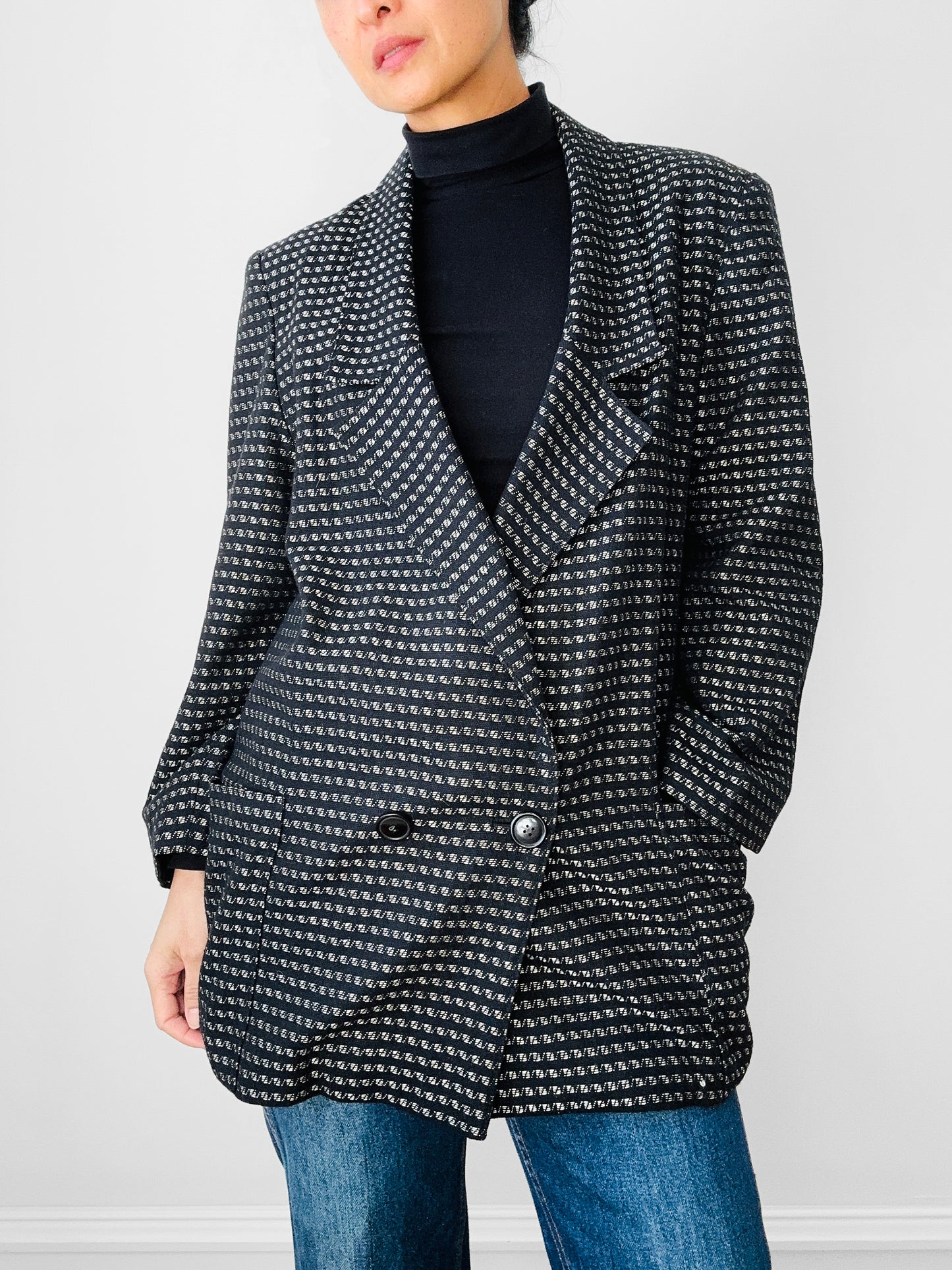 1980s Black and Silver Metallic Textured Weave Patterned Double Breasted Blazer - Sz. S/M