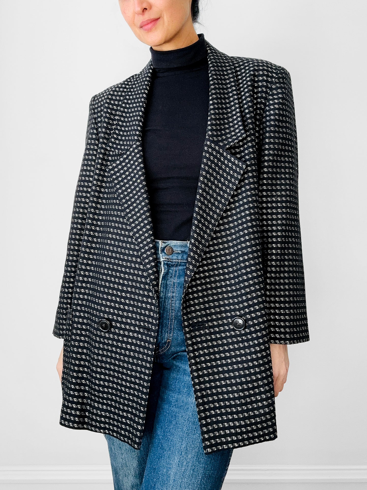 1980s Black and Silver Metallic Textured Weave Patterned Double Breasted Blazer - Sz. S/M