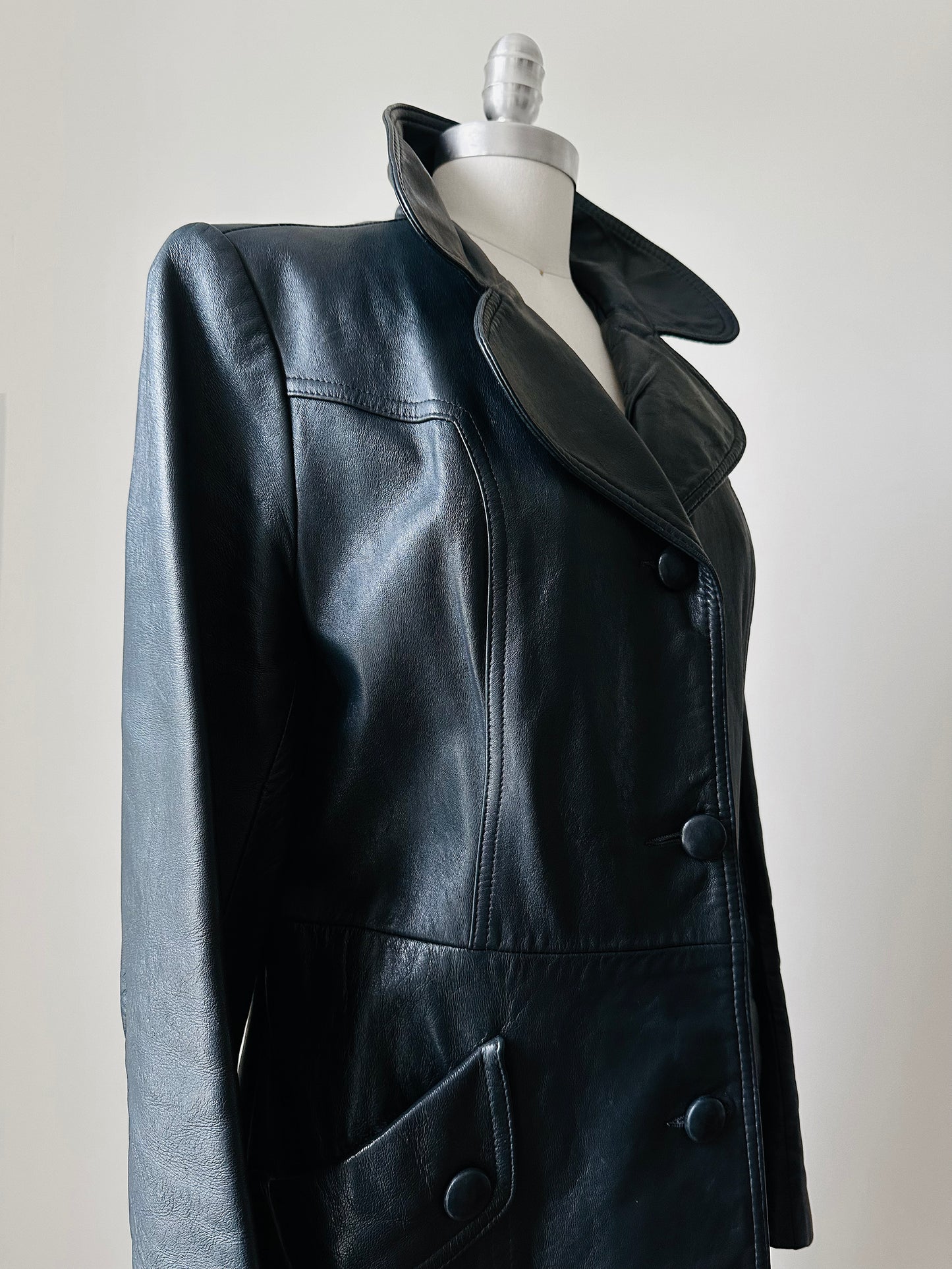 70s Dark Navy Button Front Butter Soft Leather Jacket - Sz. S/M
