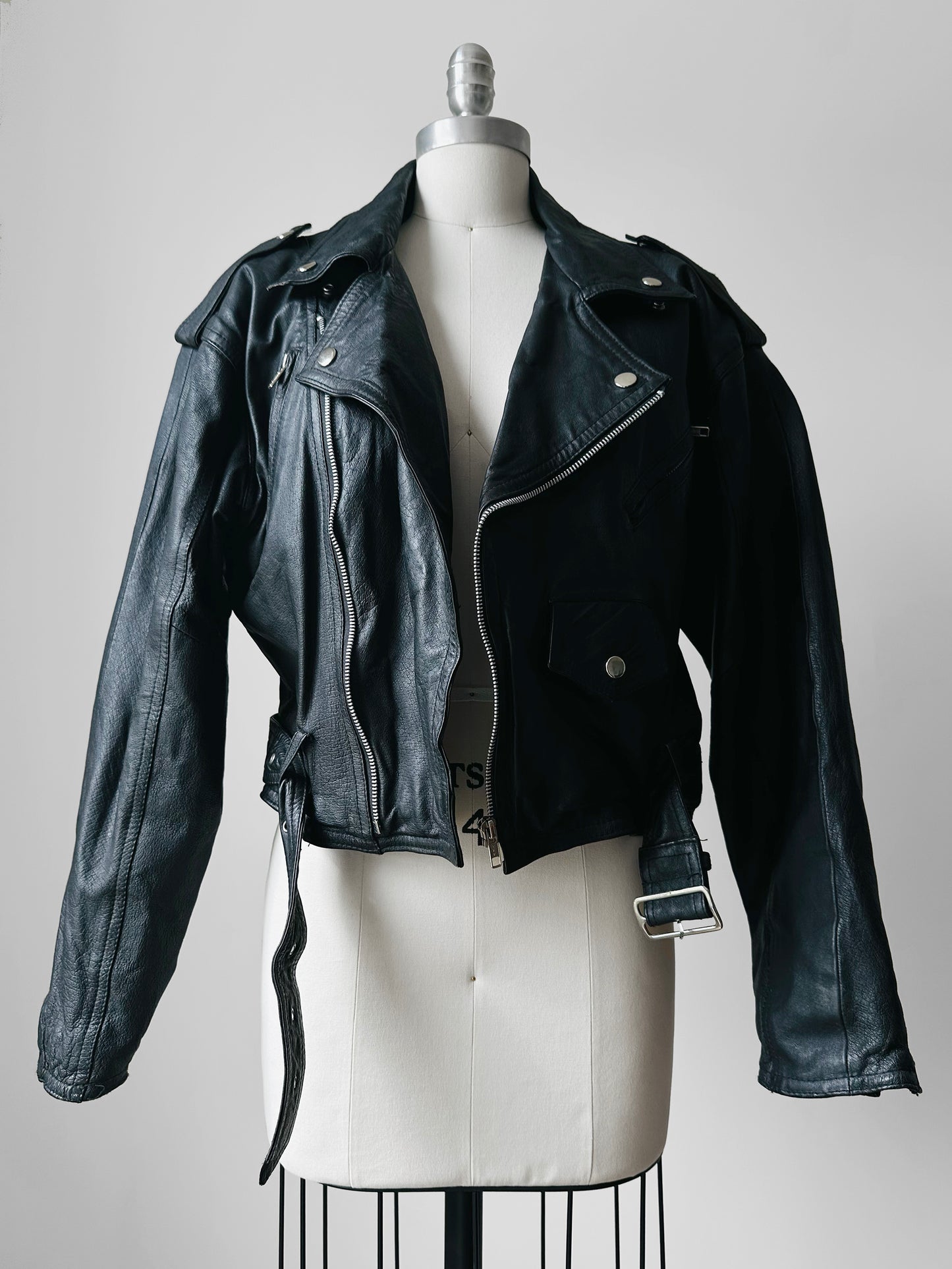 80s Black Short Waist Leather Biker Jacket - Sz. S/M
