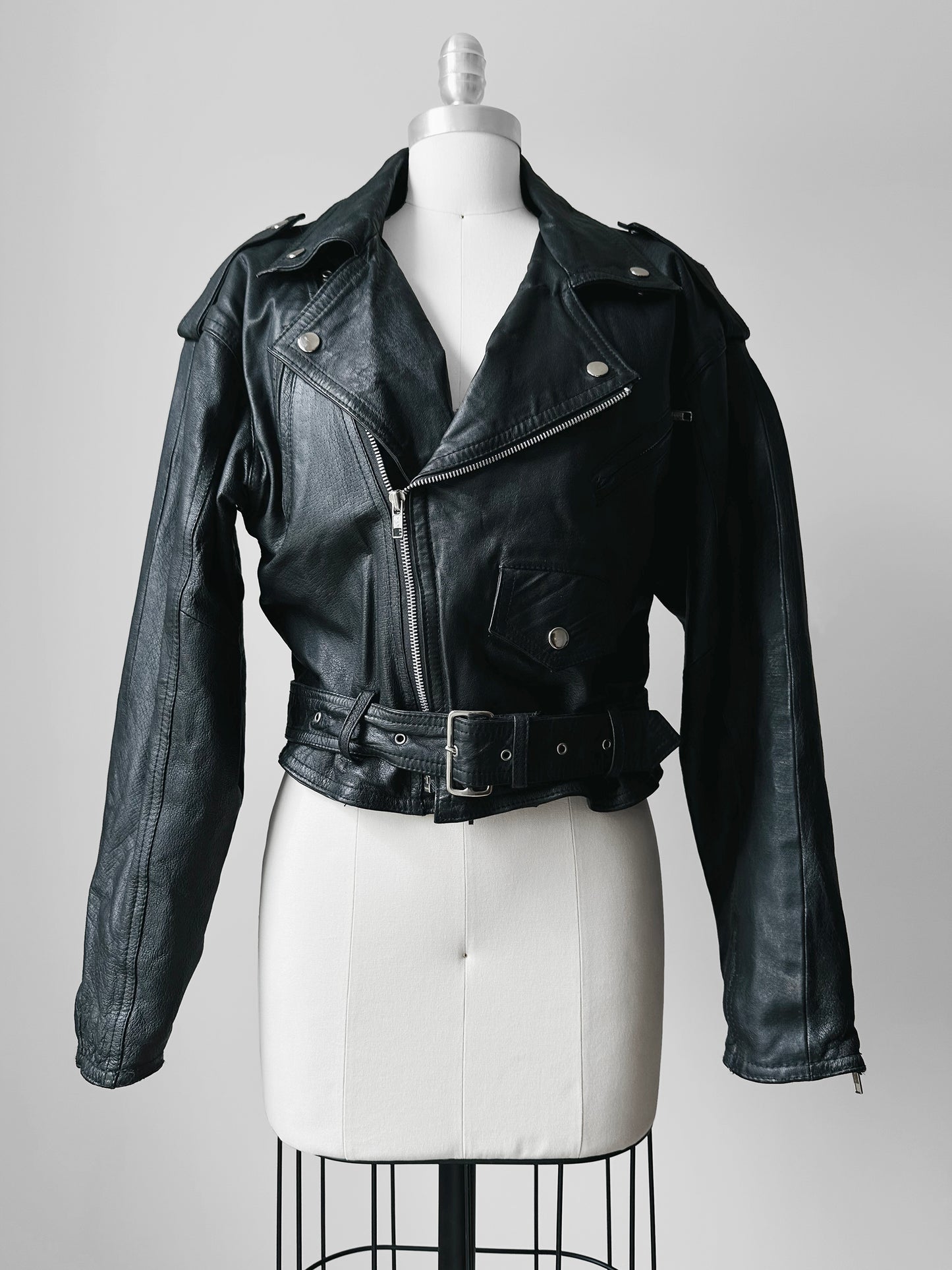 80s Black Short Waist Leather Biker Jacket - Sz. S/M