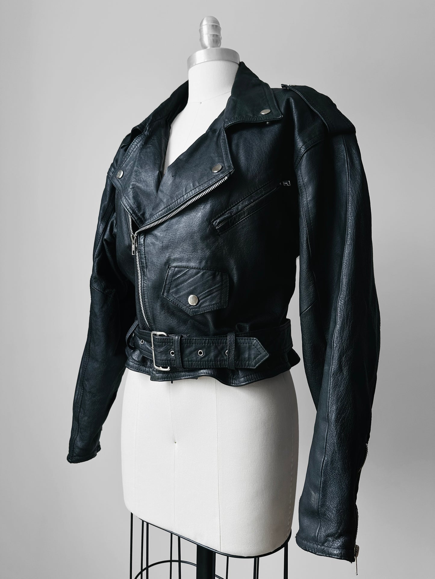 80s Black Short Waist Leather Biker Jacket - Sz. S/M