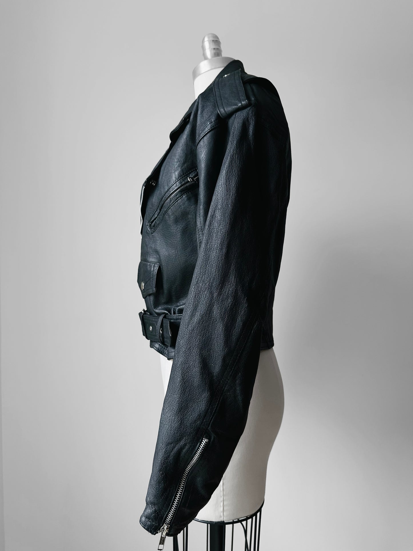 80s Black Short Waist Leather Biker Jacket - Sz. S/M