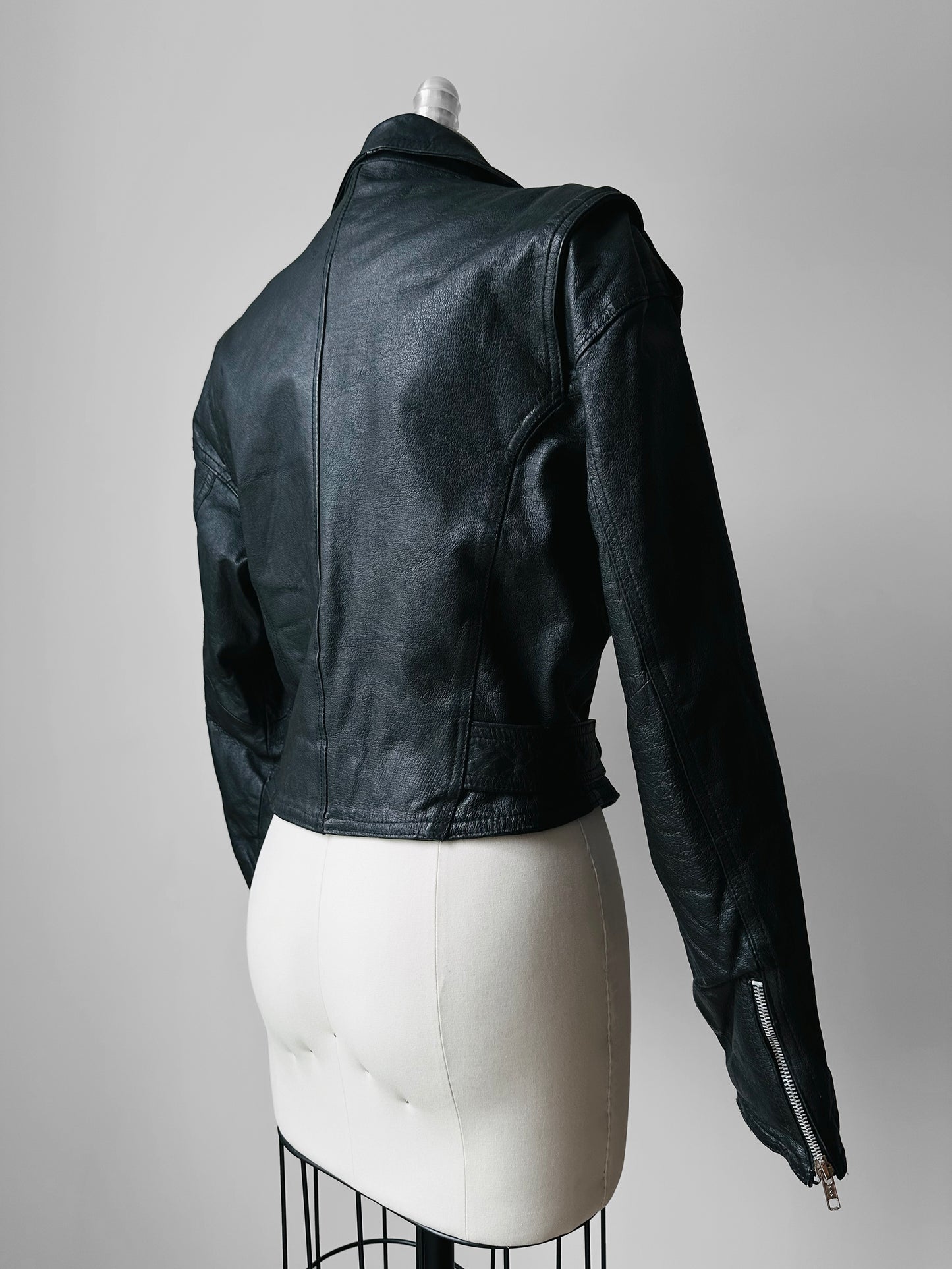 80s Black Short Waist Leather Biker Jacket - Sz. S/M