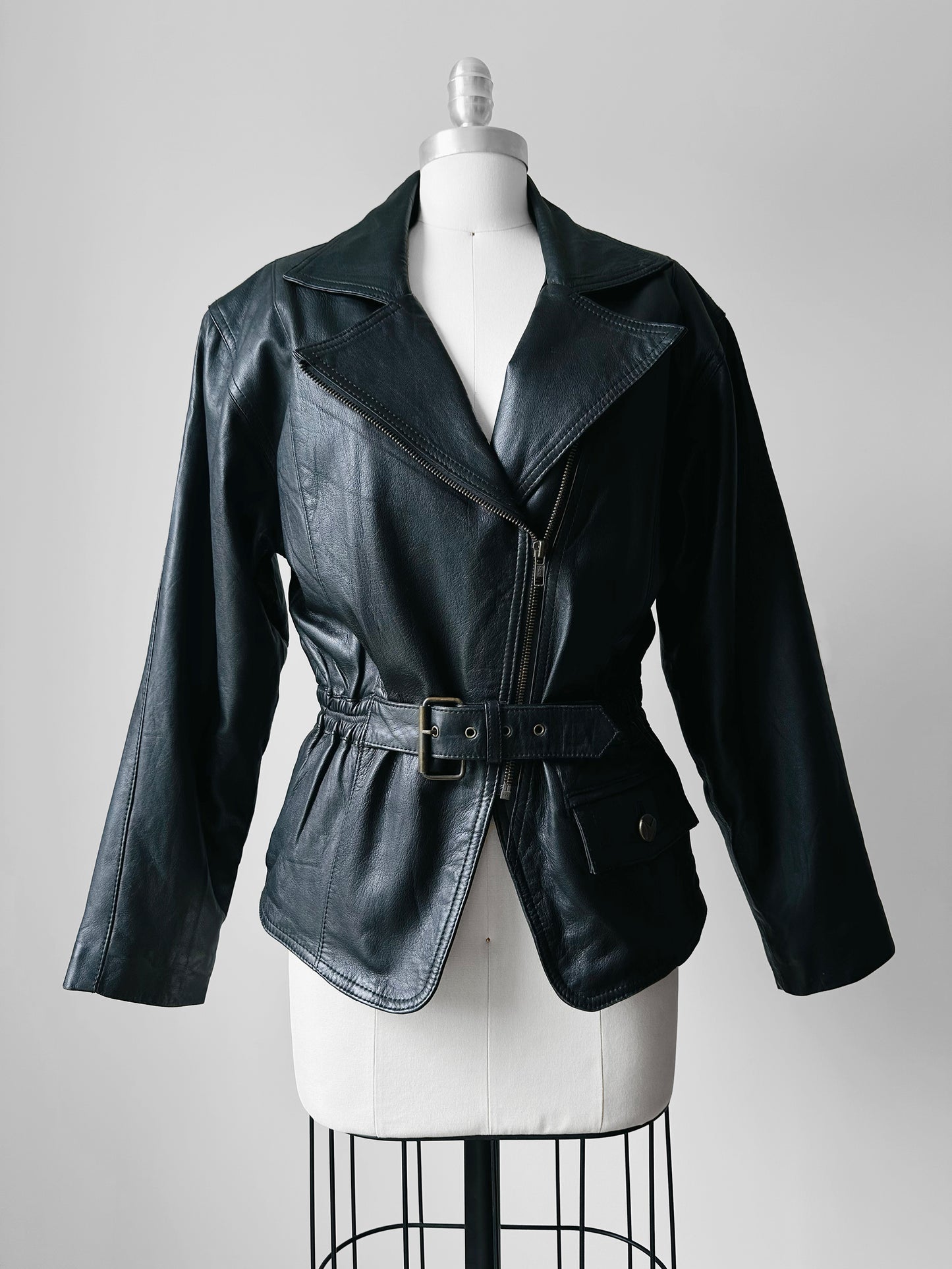 80s Black Peplum Belted Butter Soft Biker Inspired Leather Jacket - Sz. M