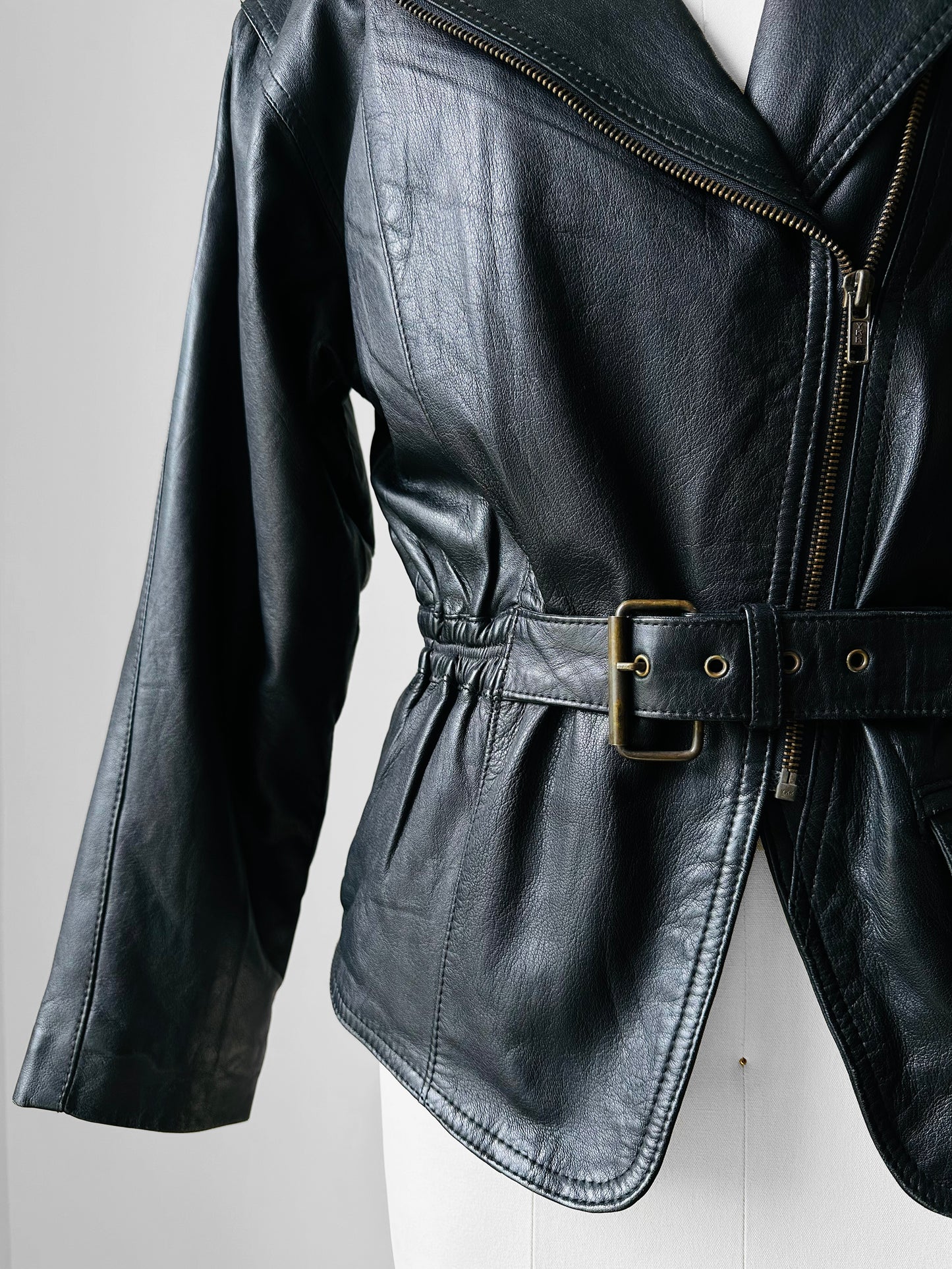 80s Black Peplum Belted Butter Soft Biker Inspired Leather Jacket - Sz. M