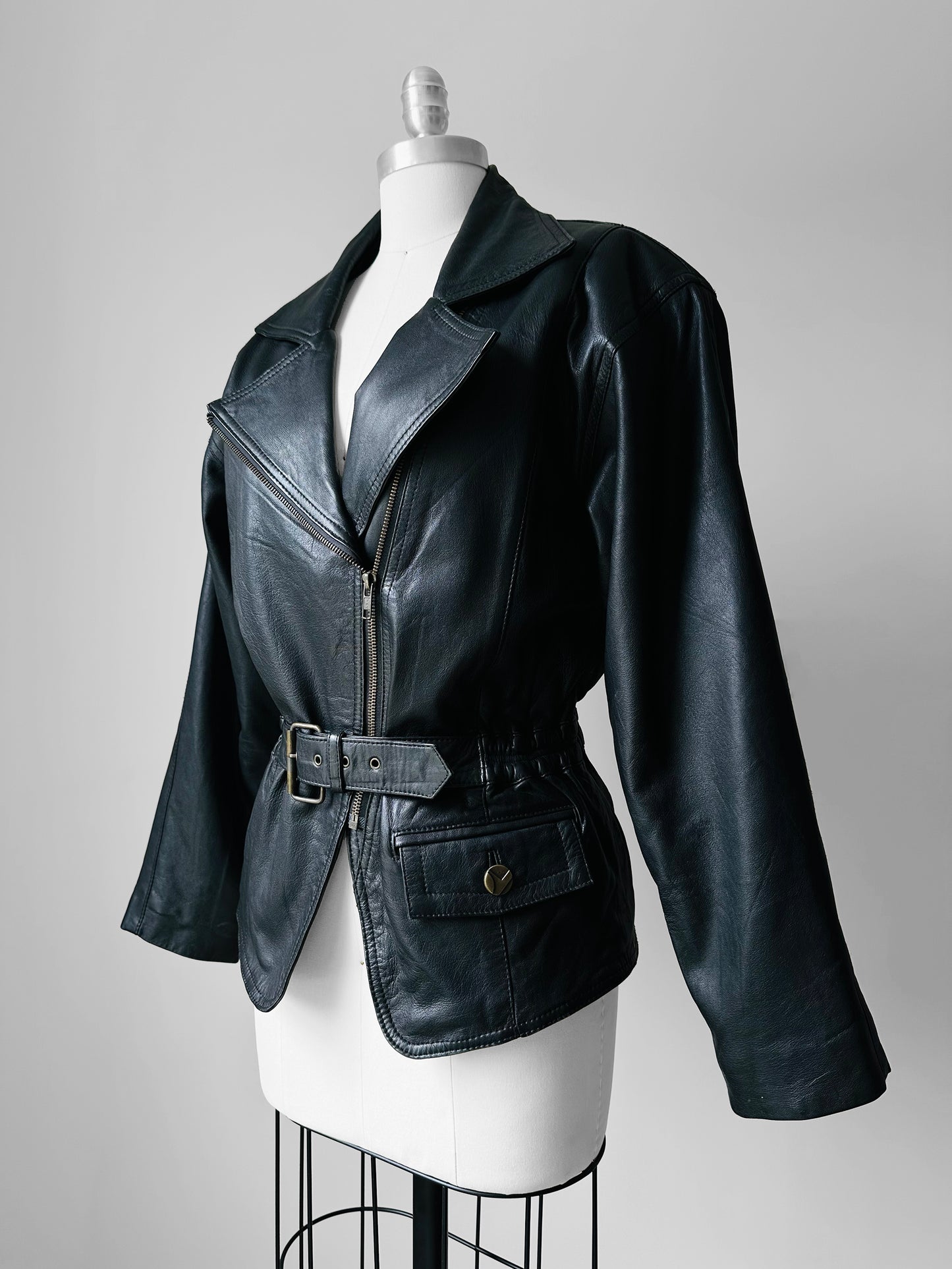 80s Black Peplum Belted Butter Soft Biker Inspired Leather Jacket - Sz. M