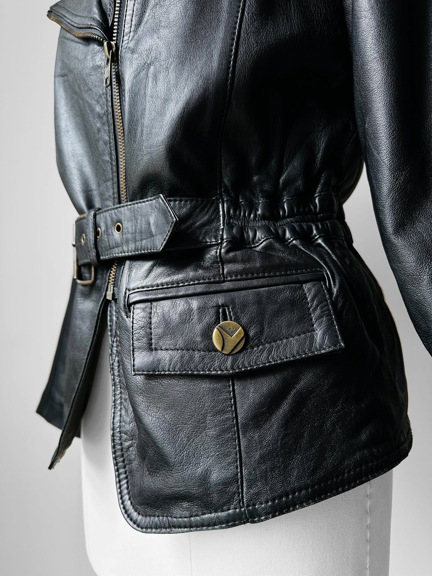 80s Black Peplum Belted Butter Soft Biker Inspired Leather Jacket - Sz. M