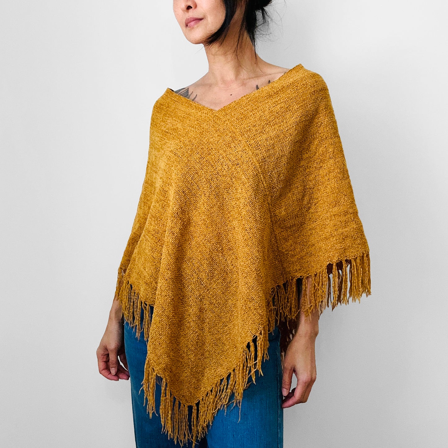 1970s Golden Yellow Fringe Chenille Made in Canada Shawl - Sz. S/M