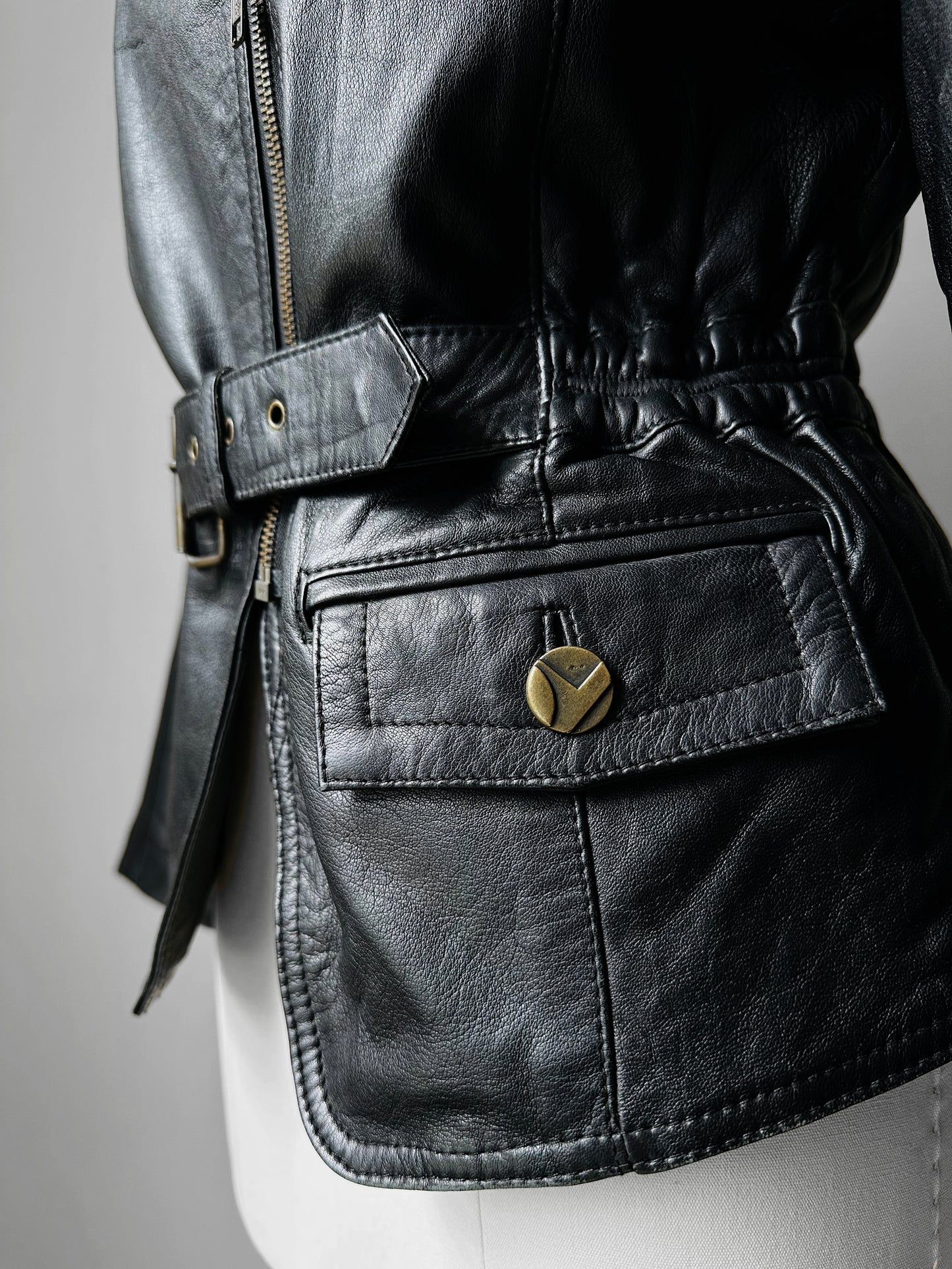 80s Black Peplum Belted Butter Soft Biker Inspired Leather Jacket - Sz. M