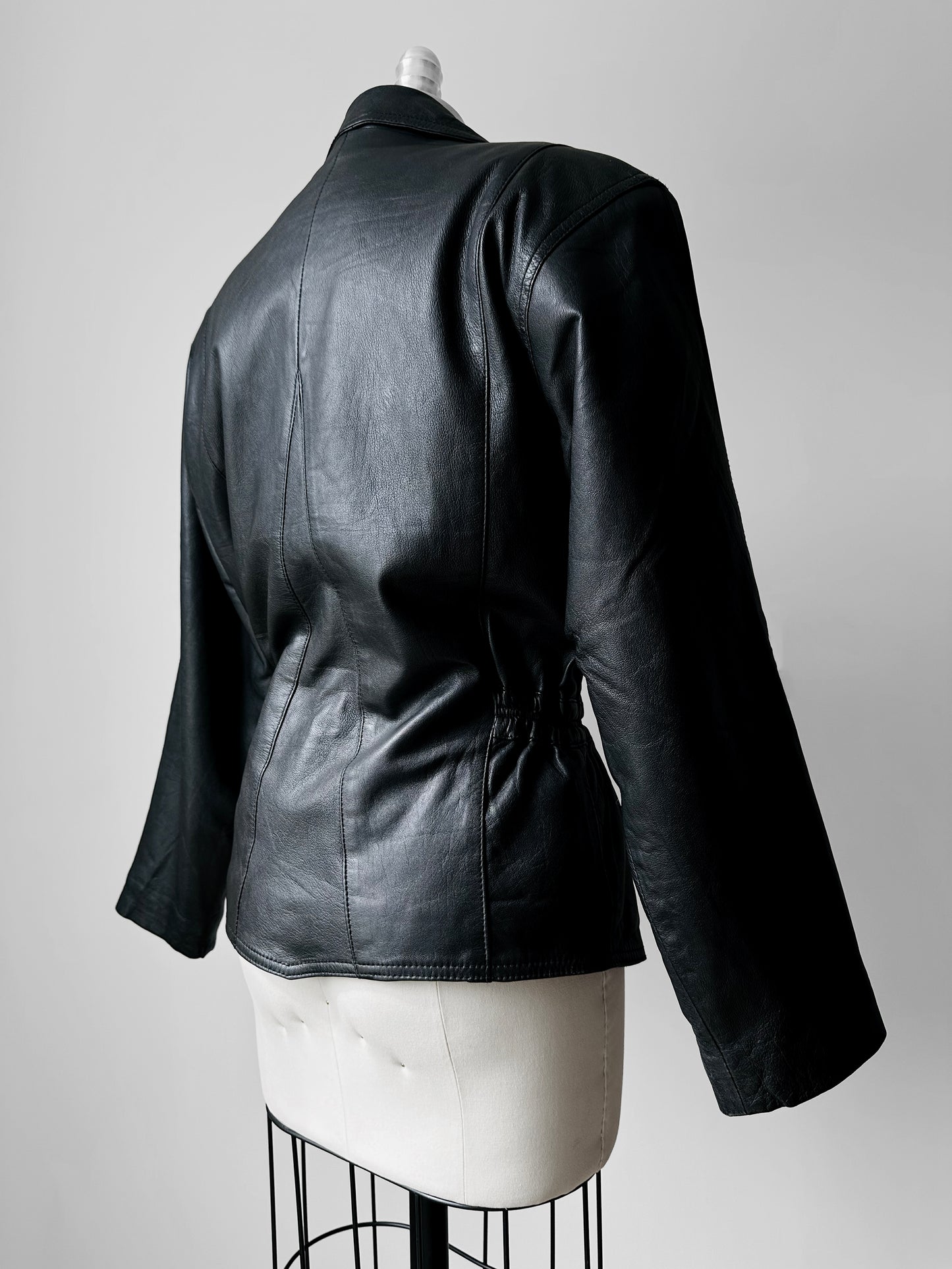 80s Black Peplum Belted Butter Soft Biker Inspired Leather Jacket - Sz. M