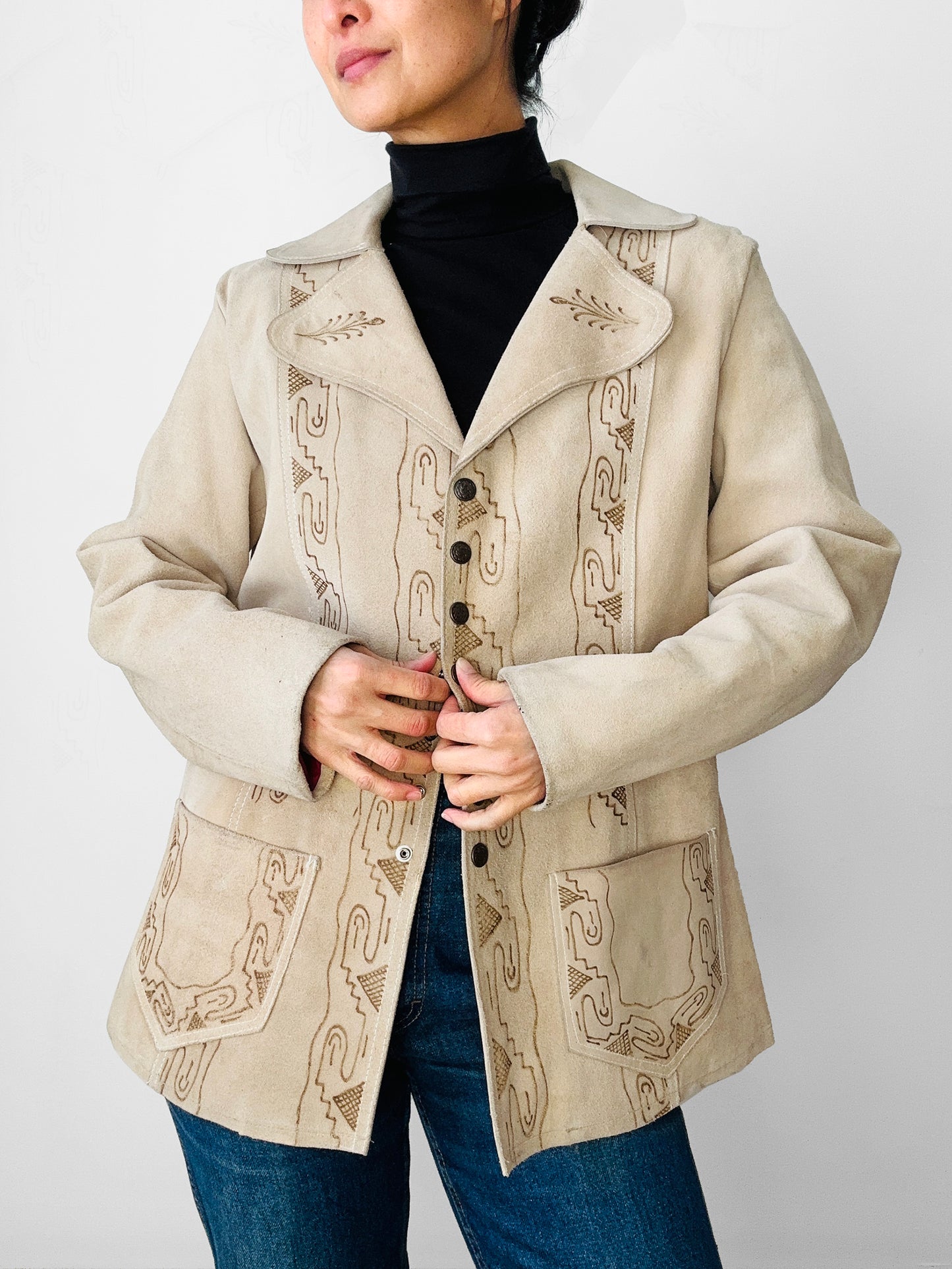 Vintage 1940s - 1950s Light Tan Snap-Button Suede Jacket with Embossed Southwestern/Aztec Designs - Sz. S/M