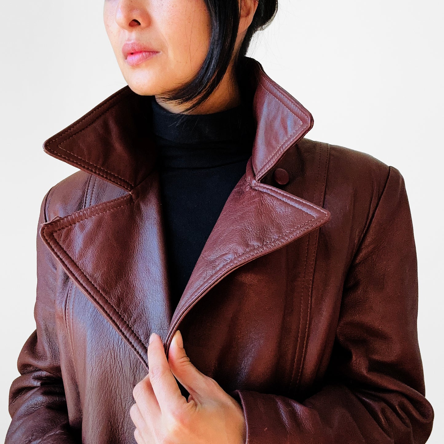 1970s Long Tapered Waist Auburn Brown Soft Leather Quilted Lining Coat