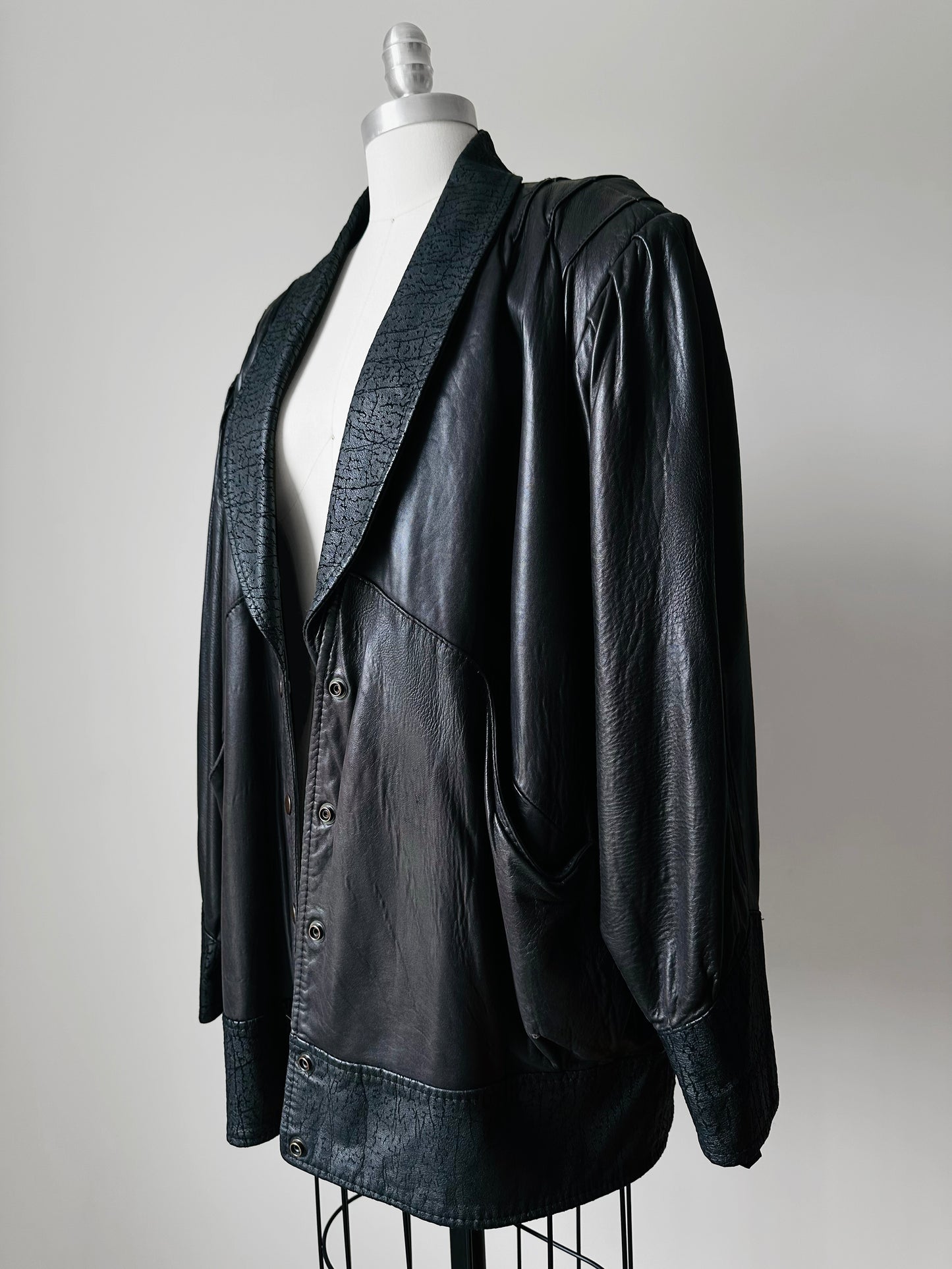 1980s Black Buttery Soft Relax Fit Snap Button Leather Jacket - Sz. M/L