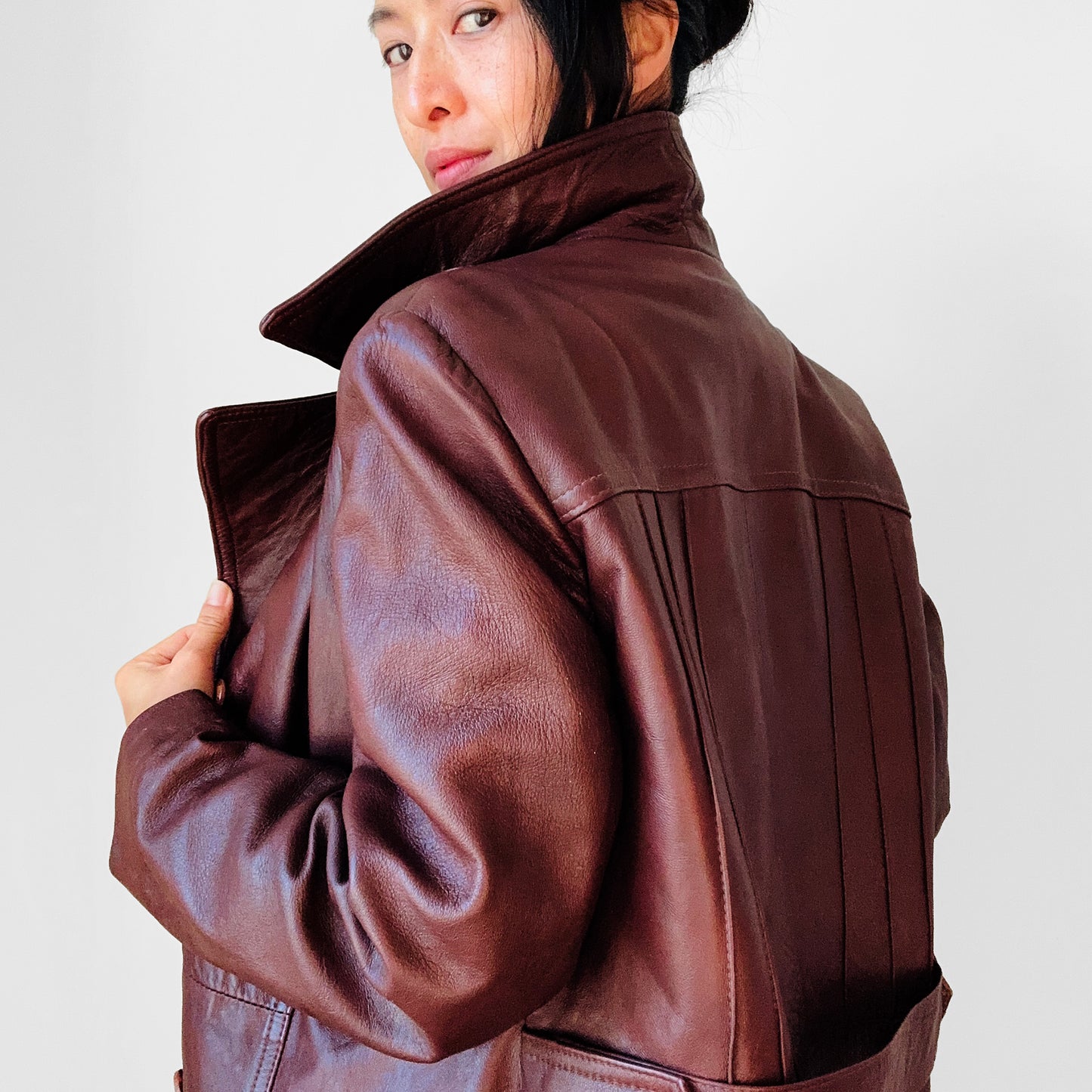 1970s Long Tapered Waist Auburn Brown Soft Leather Quilted Lining Coat