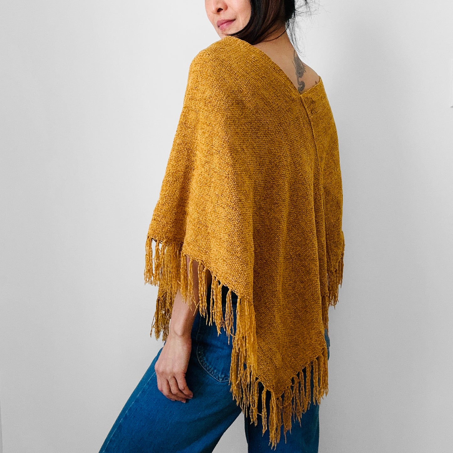 1970s Golden Yellow Fringe Chenille Made in Canada Shawl - Sz. S/M