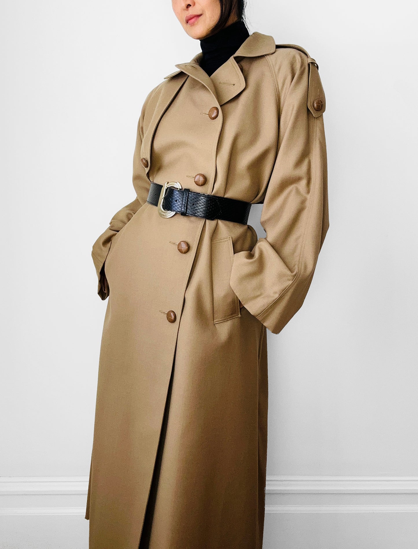 1980s Tan Wool Double Breasted Trench Duster Coat - Sz. S/M