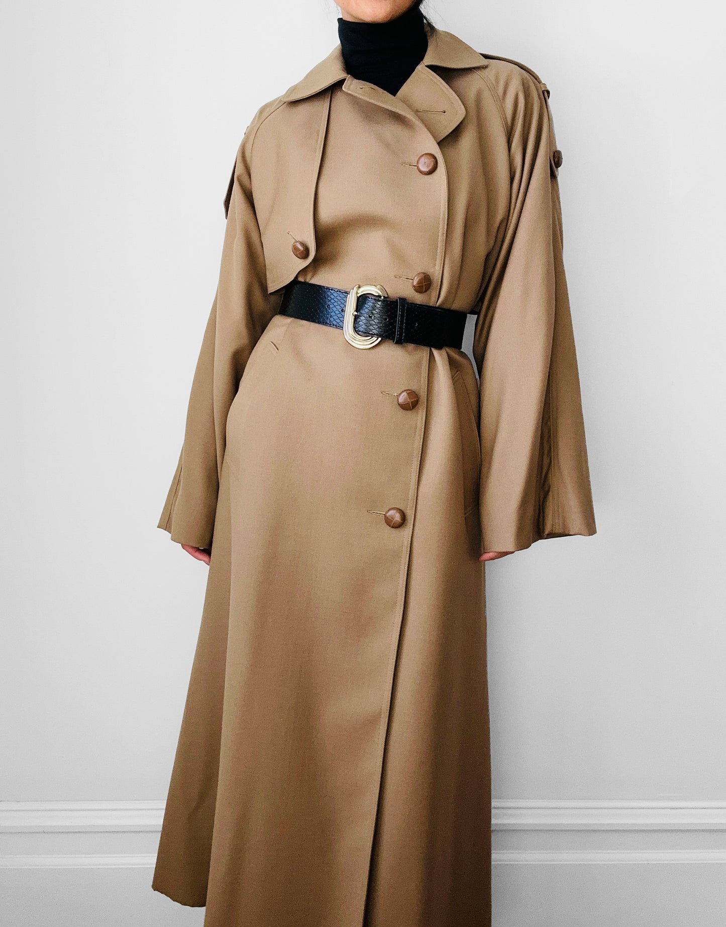 1980s Tan Wool Double Breasted Trench Duster Coat - Sz. S/M