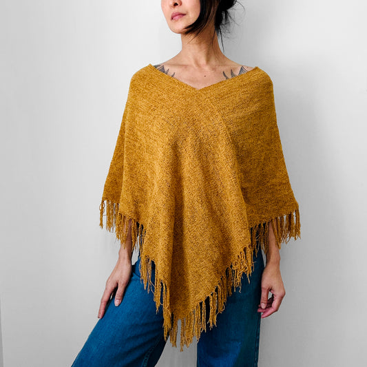 1970s Golden Yellow Fringe Chenille Made in Canada Shawl - Sz. S/M