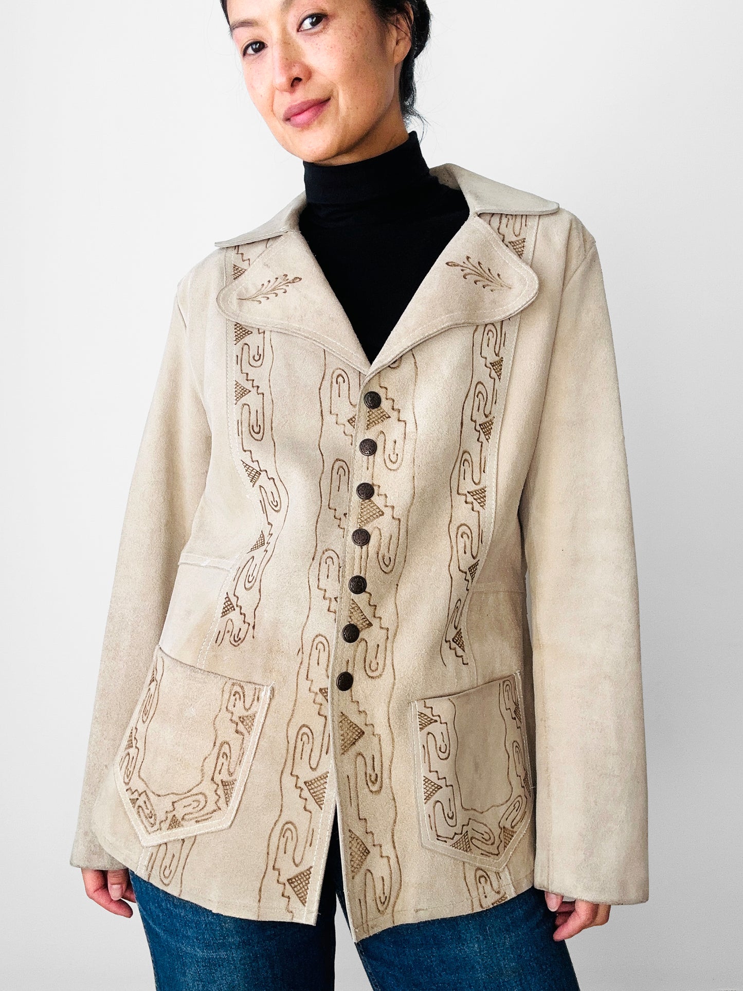 Vintage 1940s - 1950s Light Tan Snap-Button Suede Jacket with Embossed Southwestern/Aztec Designs - Sz. S/M