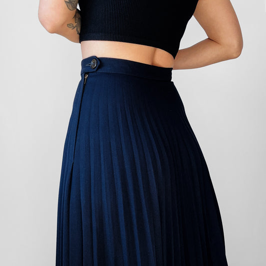 1940s Navy Blue Side Zip Pleated Tea Length Skirt - Sz. Small