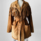 1980s Tan Suede Leather Fringe Patched Belted Jacket - Sz. L