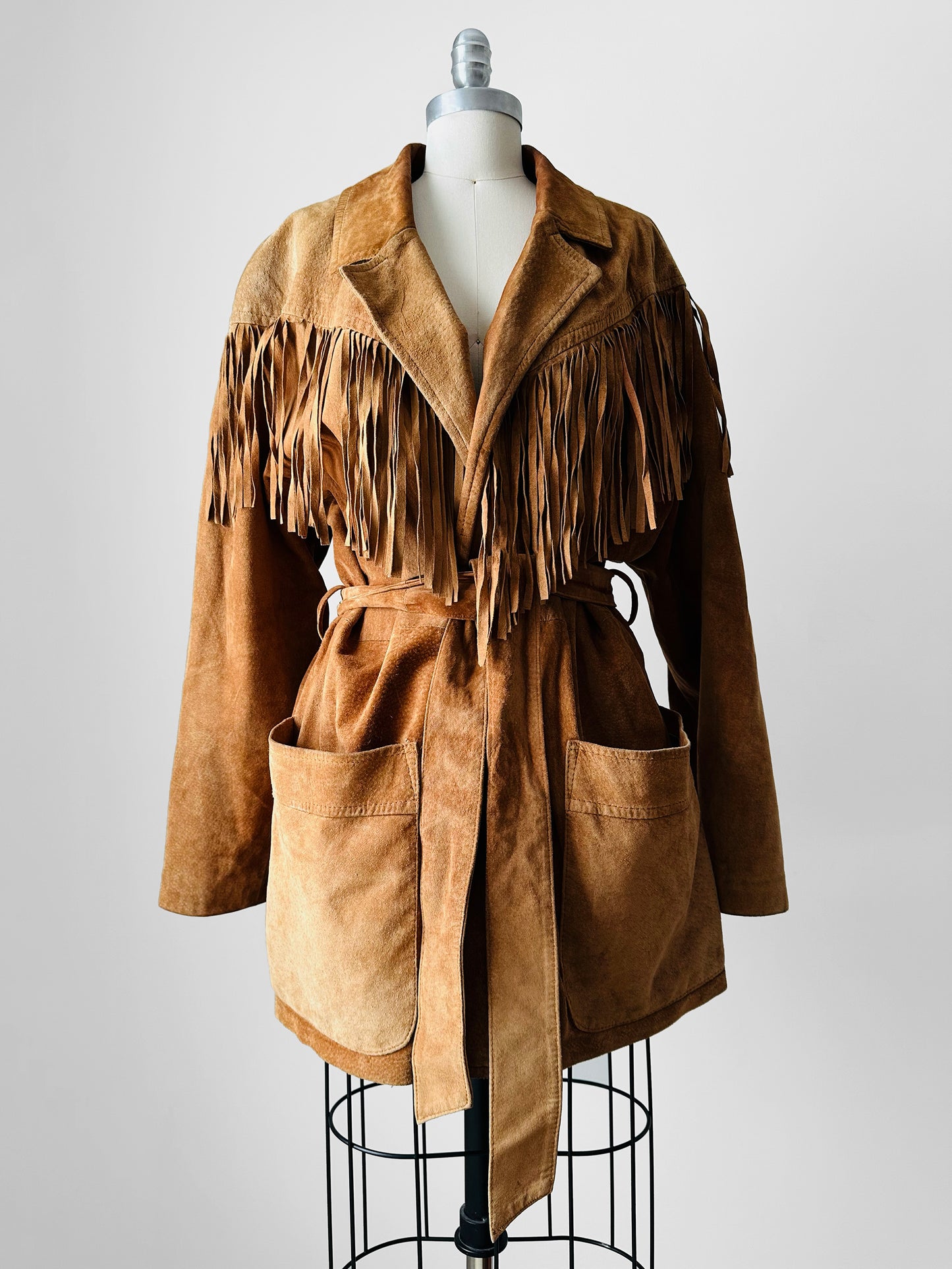 1980s Tan Suede Leather Fringe Patched Belted Jacket - Sz. L