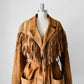 1980s Tan Suede Leather Fringe Patched Belted Jacket - Sz. L