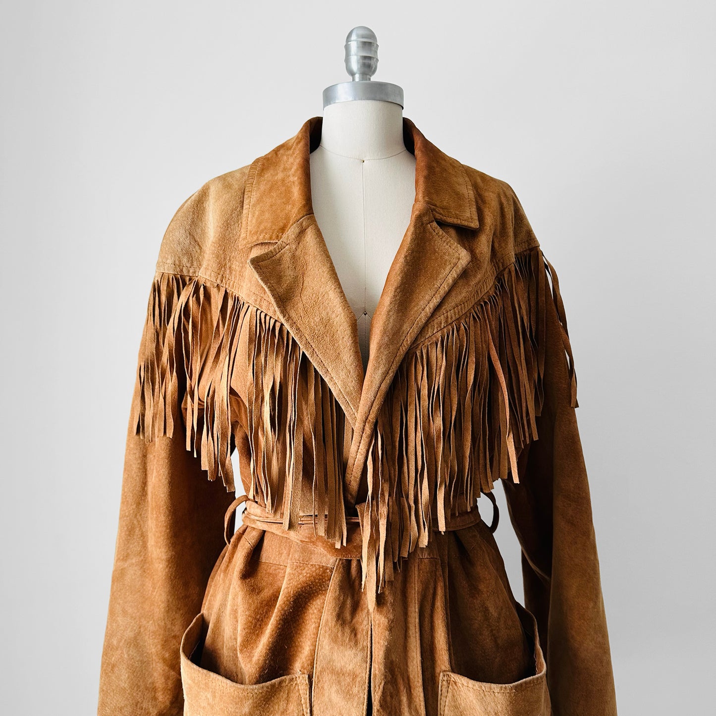 1980s Tan Suede Leather Fringe Patched Belted Jacket - Sz. L