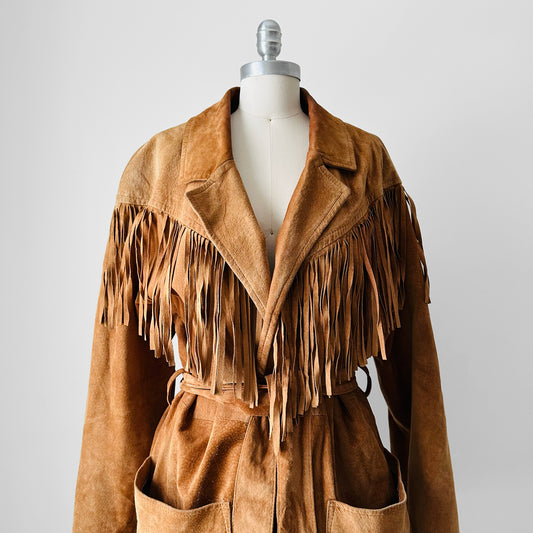 1980s Tan Suede Leather Fringe Patched Belted Jacket - Sz. L