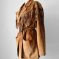 1980s Tan Suede Leather Fringe Patched Belted Jacket - Sz. L