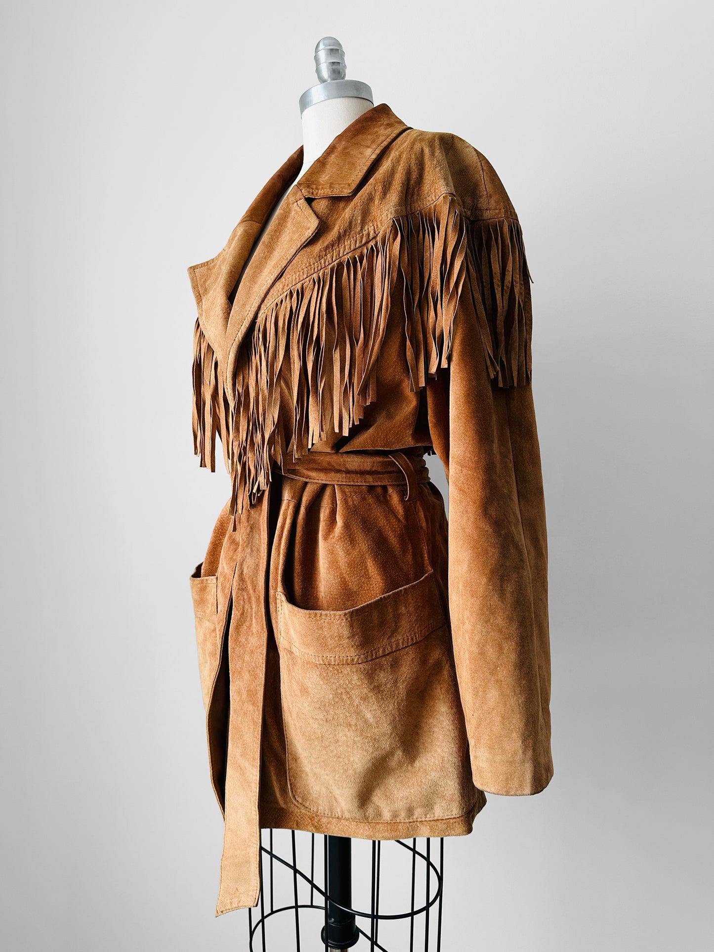 1980s Tan Suede Leather Fringe Patched Belted Jacket - Sz. L