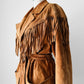 1980s Tan Suede Leather Fringe Patched Belted Jacket - Sz. L