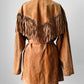 1980s Tan Suede Leather Fringe Patched Belted Jacket - Sz. L
