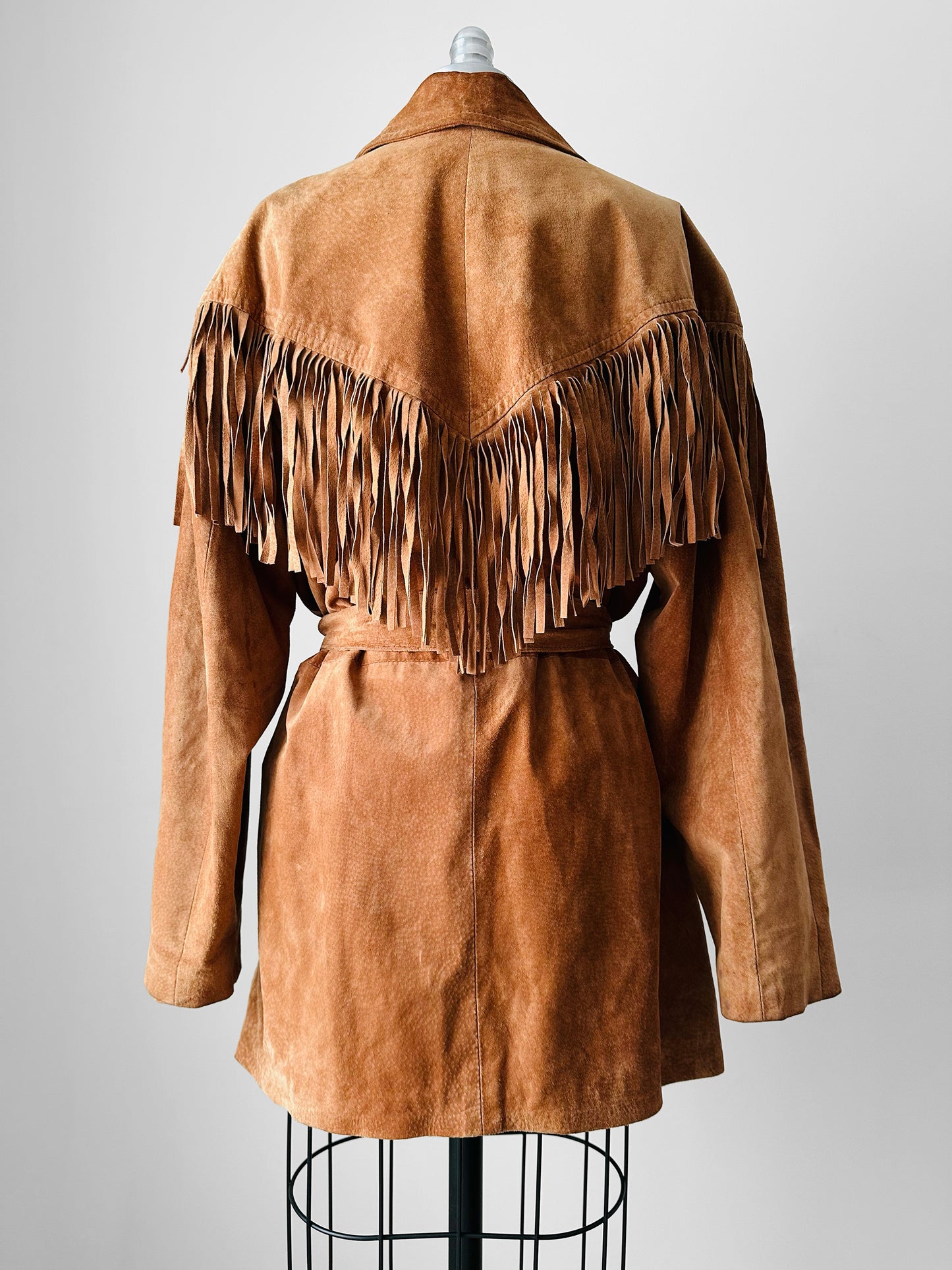 1980s Tan Suede Leather Fringe Patched Belted Jacket - Sz. L