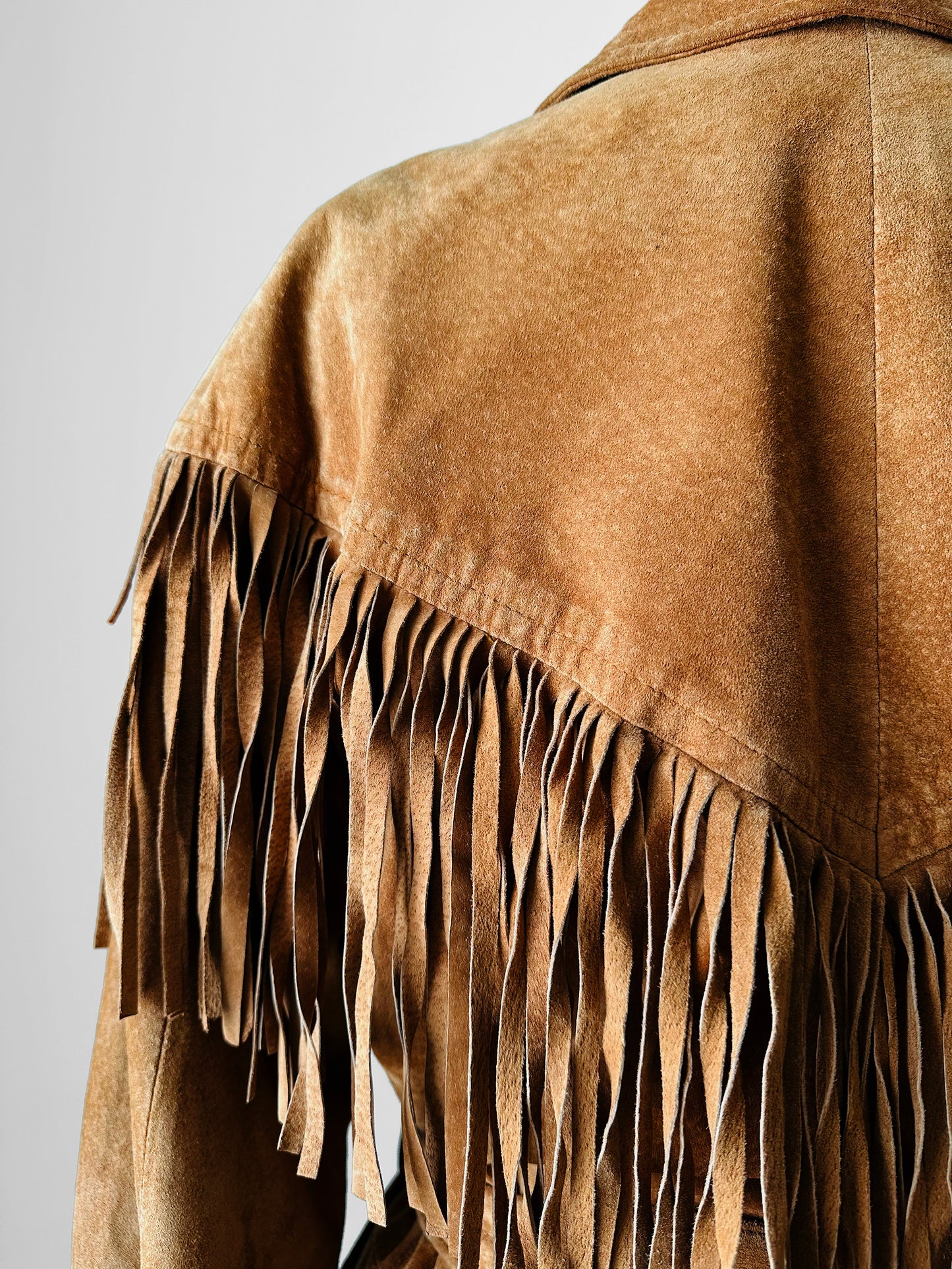 1980s Tan Suede Leather Fringe Patched Belted Jacket - Sz. L