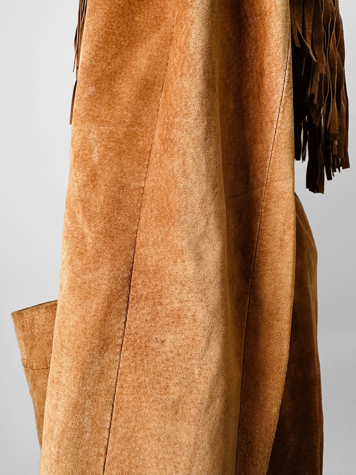 1980s Tan Suede Leather Fringe Patched Belted Jacket - Sz. L