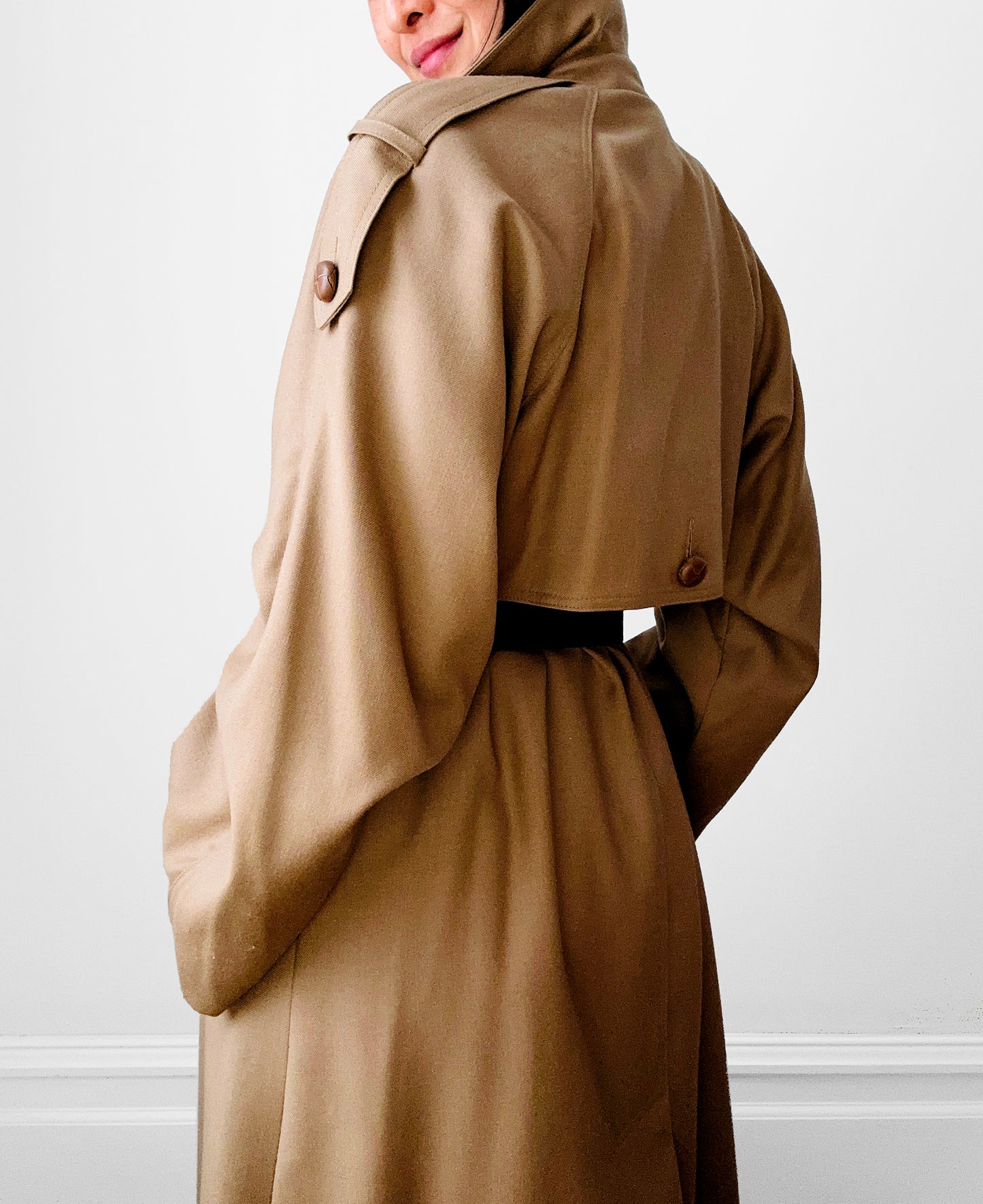 1980s Tan Wool Double Breasted Trench Duster Coat - Sz. S/M