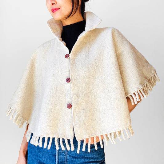 1970s Off-White Fringe Button Front Collared Wool Shawl