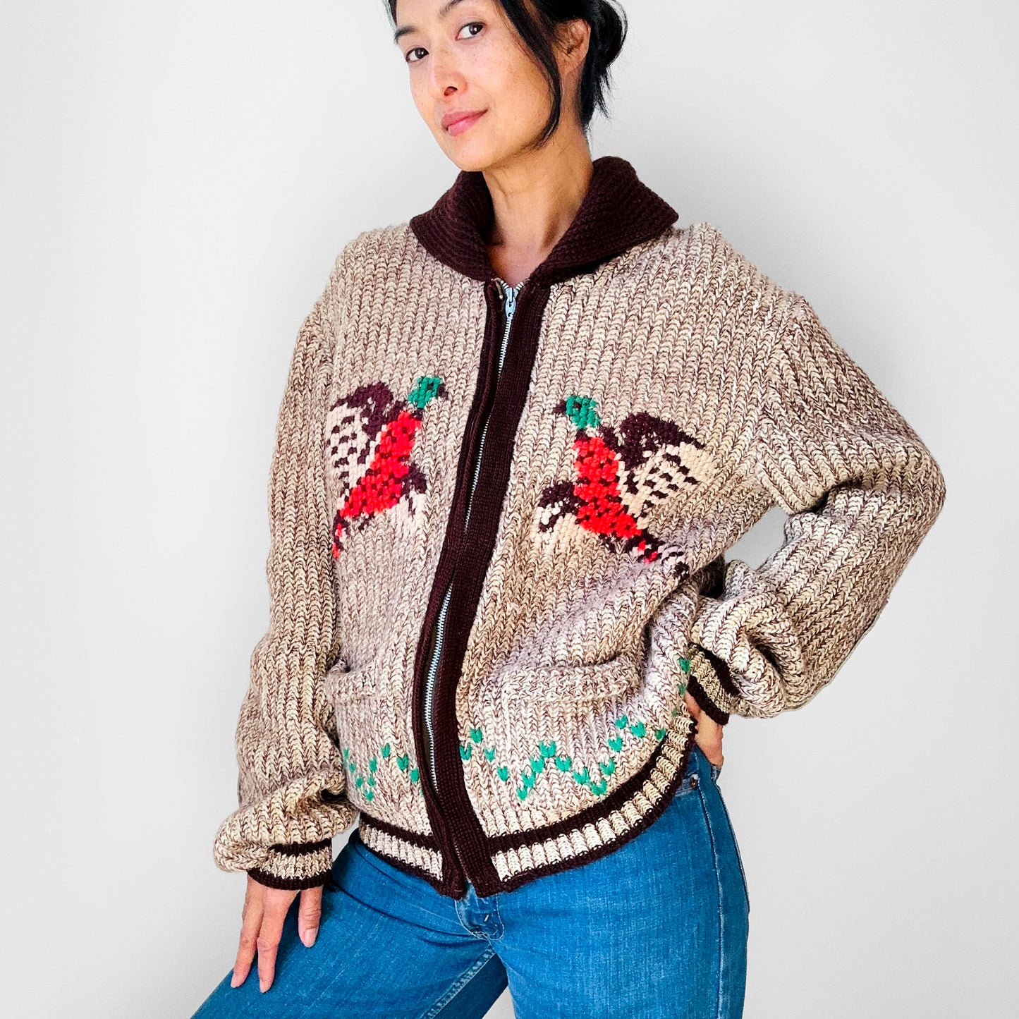 1950s  - 1960s Zippered Wool Knit Pheasant Sweater Jacket - S/M