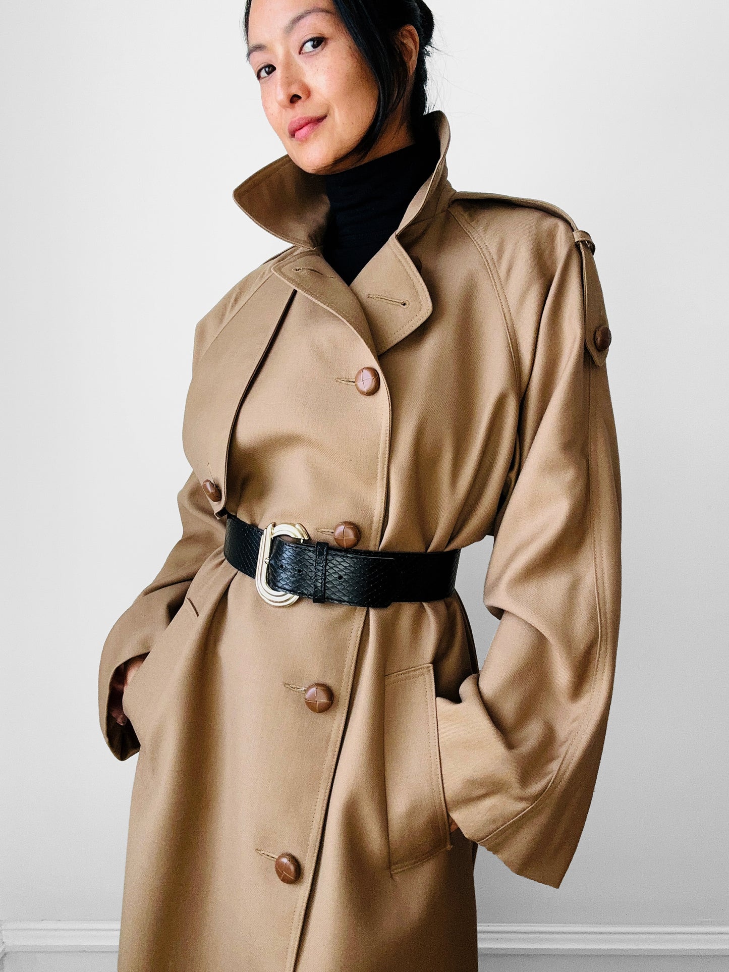 1980s Tan Wool Double Breasted Trench Duster Coat - Sz. S/M