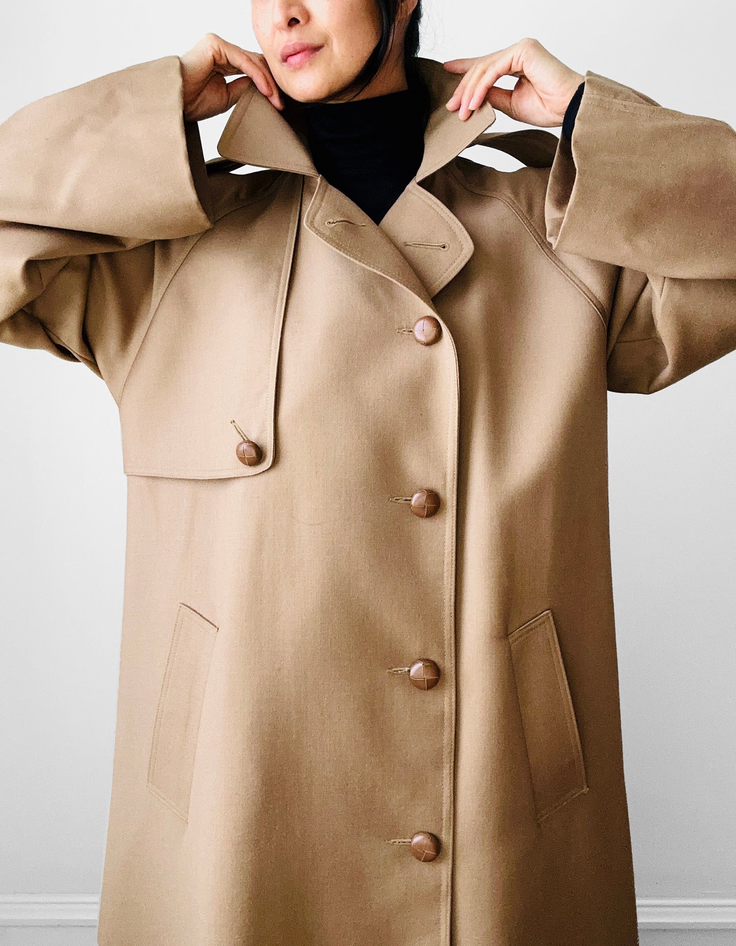 1980s Tan Wool Double Breasted Trench Duster Coat - Sz. S/M